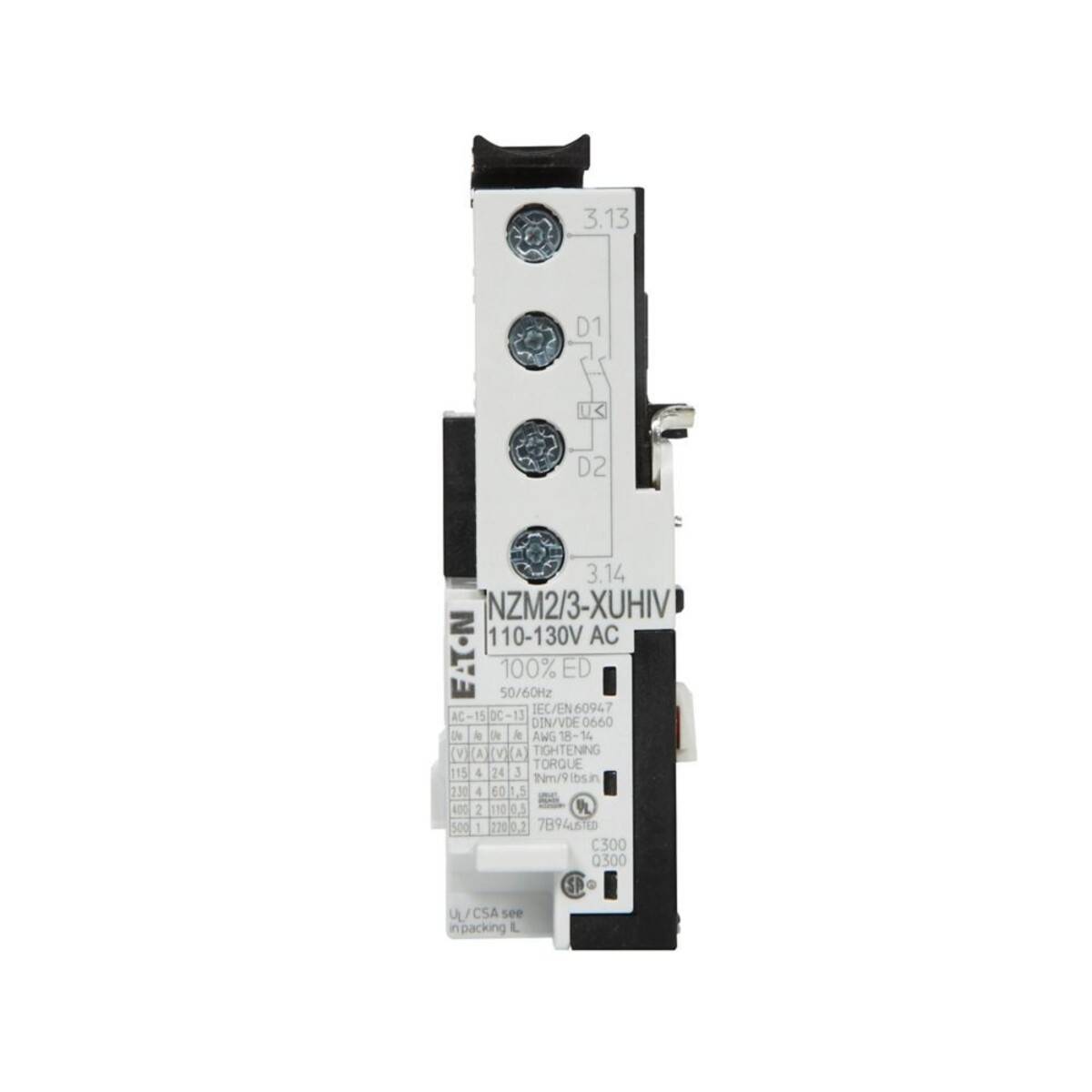 Eaton NZM2/3-XUHV Komponente, weiß mit drei kreisförmigen Anschlüssen, die vertikal angeordnet sind und mit 'D1, D2, D3' beschriftet sind, verwendet für elektrische Verbindungen.