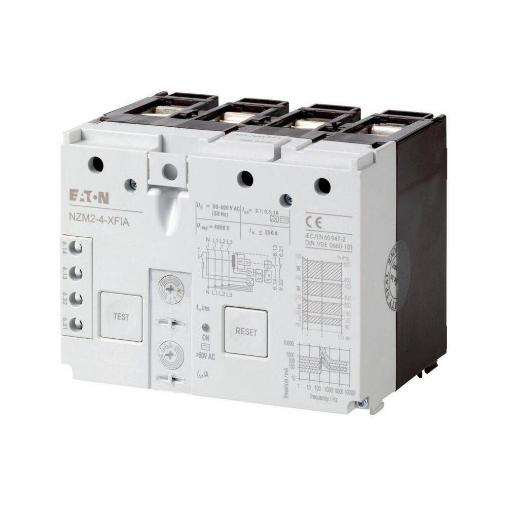 Eaton NZM2-4-XFIA Leistungsschalter mit Test- und Rückstelltasten, technischen Beschriftungen und Diagrammen auf der Frontplatte.