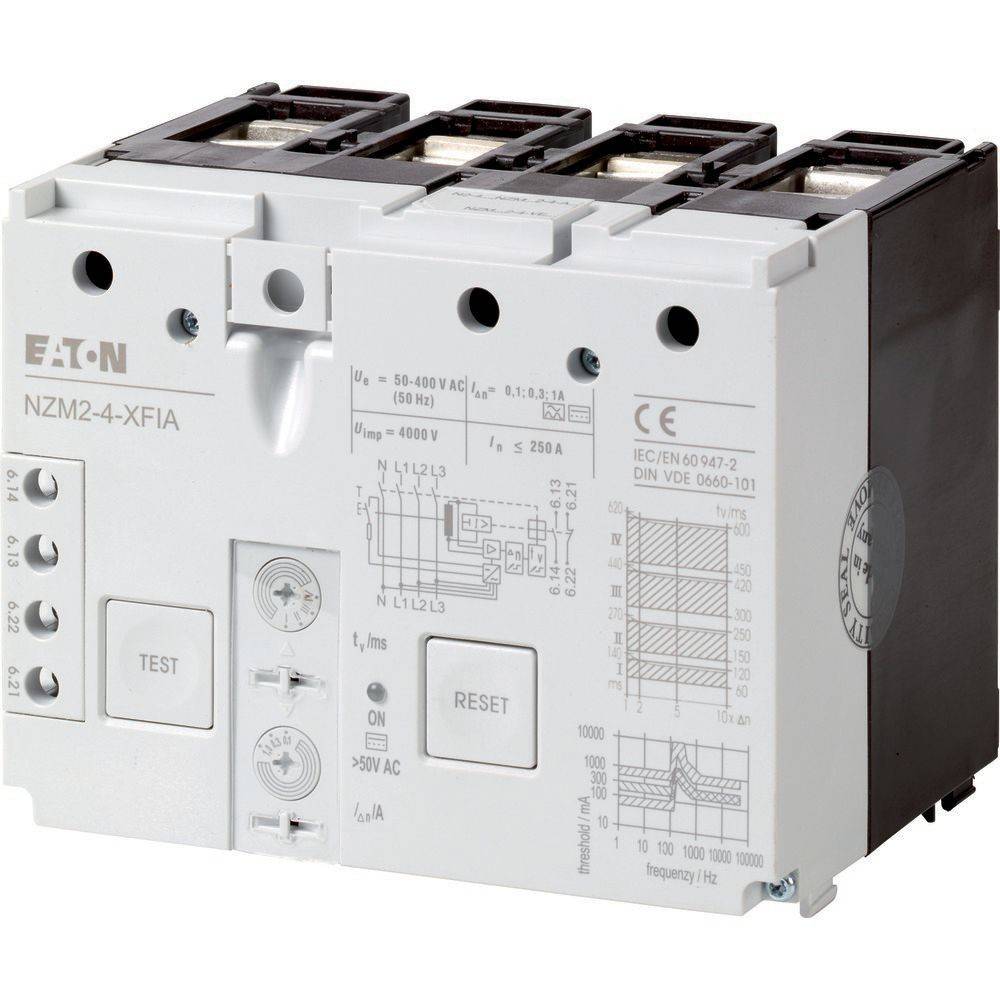 Eaton NZM2-4-XFIA Leistungsschalter, 250A, mit Test- und Rückstelltasten, Spannungsbewertungen und Diagramm, verwendet für elektrischen Schutz.