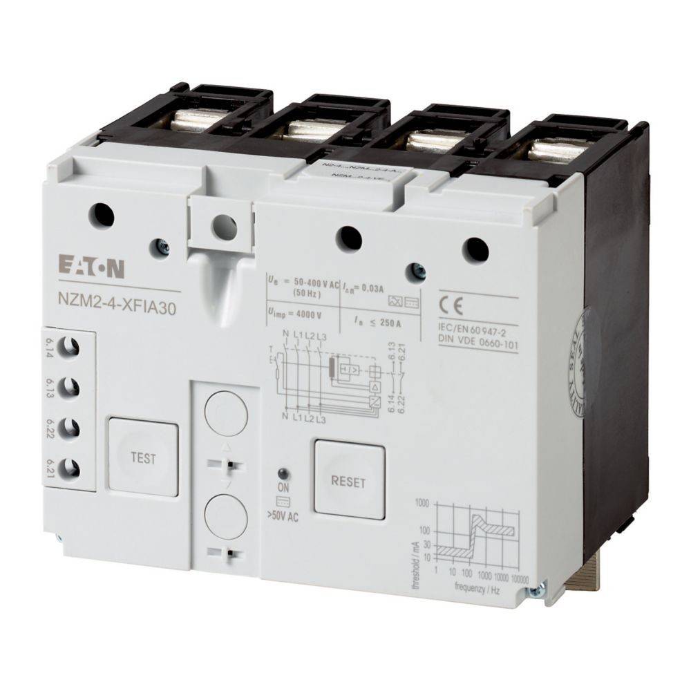 Eaton NZM2-4-XFIA30 Leistungsschalter mit Test- und Rückstelltasten, angezeigter Spannungsnennwert, mit mehreren Anschlusspunkten.