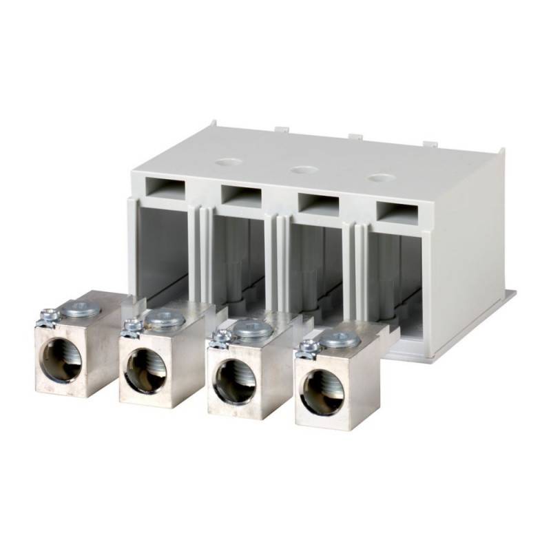 Vier silberne Metallverbinder mit einem modularen weißen Kunststoffrahmen, entwickelt für elektrische Verkabelung und Verteilung.