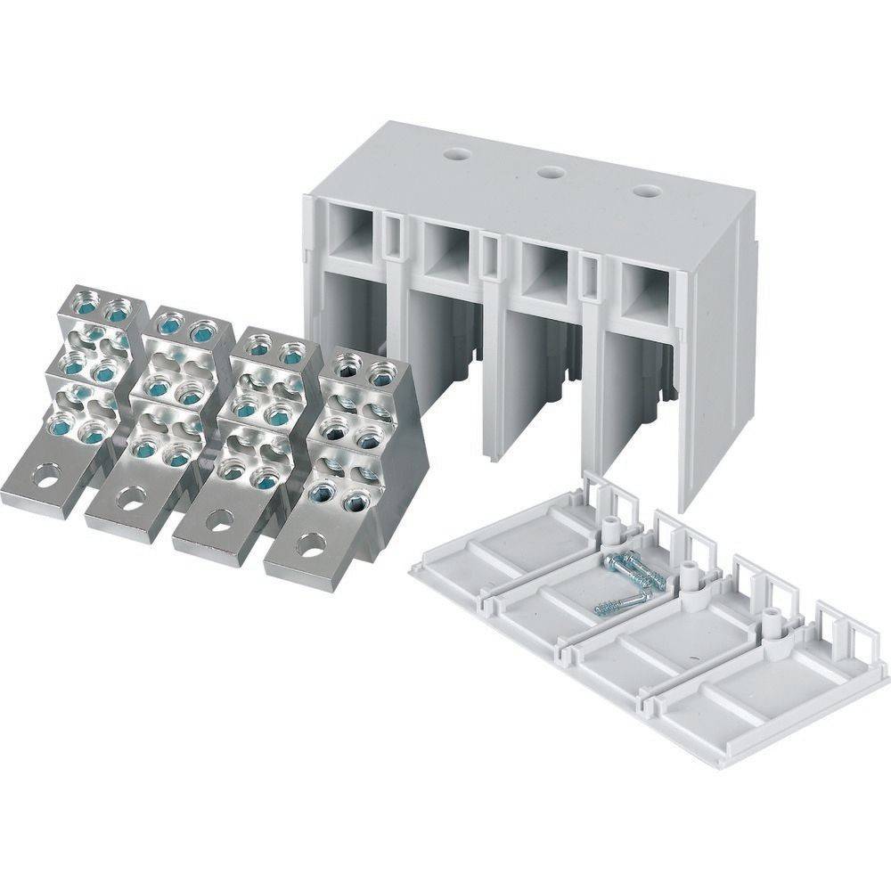 Graue Elektro-Anschlussblock-Set mit vier Anschlüssen und einer Abdeckung, entwickelt zum Organisieren und Verbinden von elektrischen Kabeln.