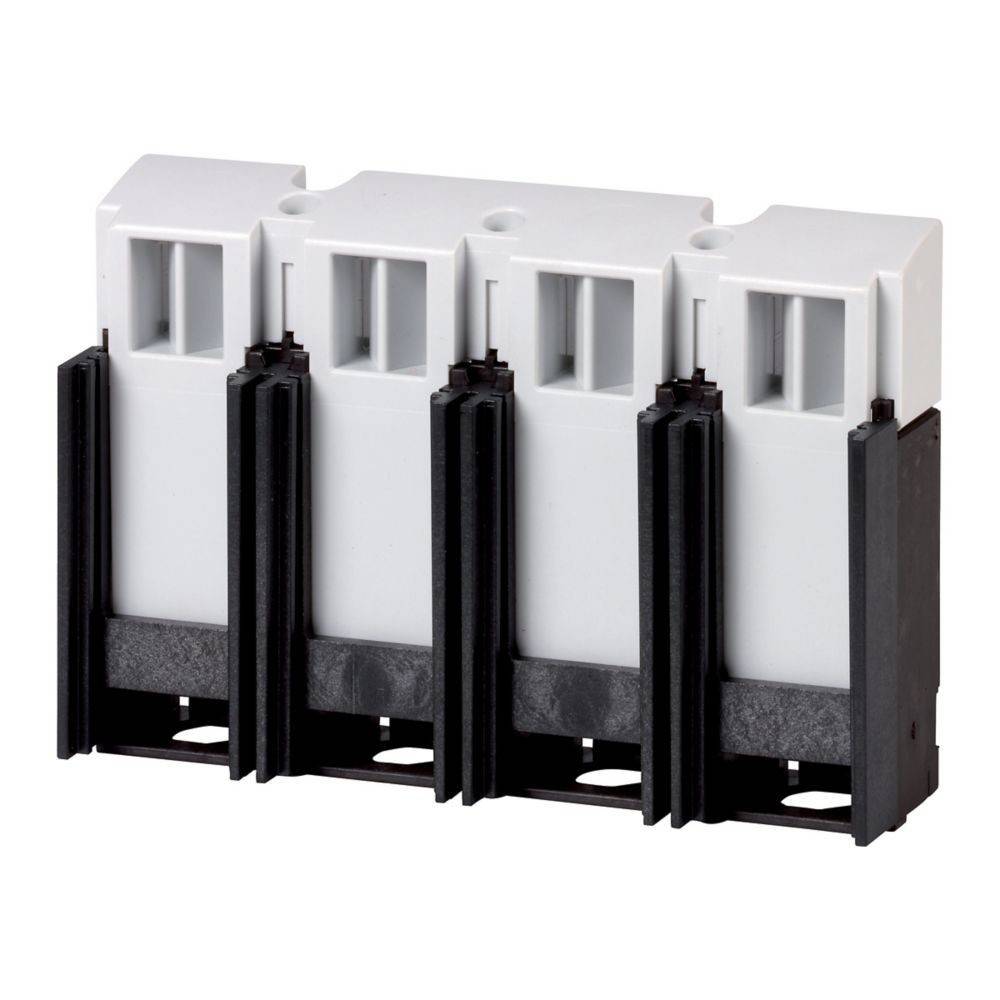 Weißer und schwarzer Vier-Slot-Elektroklemmenblock mit robustem Design zum Verbinden von Drähten in elektrischen Installationen.