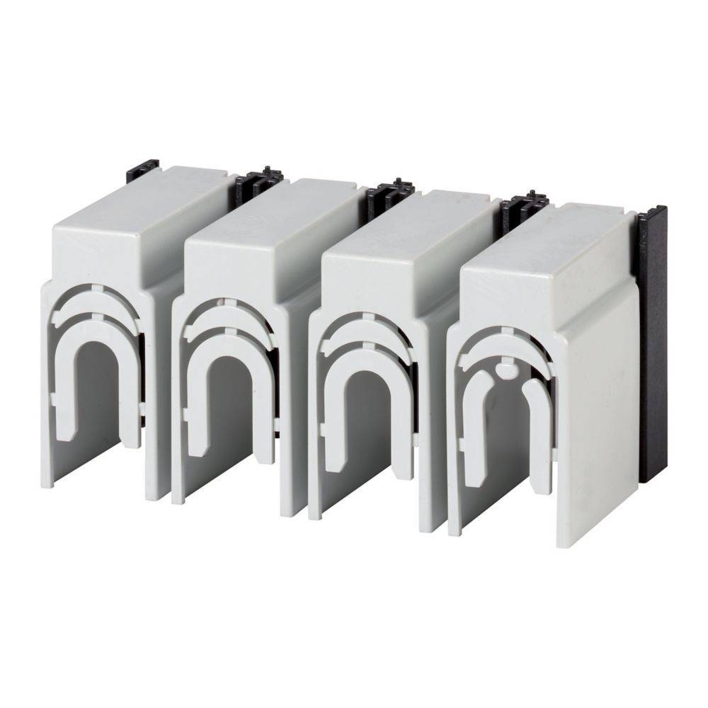 Vier graue Plastik-Kabelkanal-Fingersegmente, vertikal ausgerichtet, entwickelt zur Organisation und zum Schutz von elektrischen Kabeln in Paneelinstallationen.