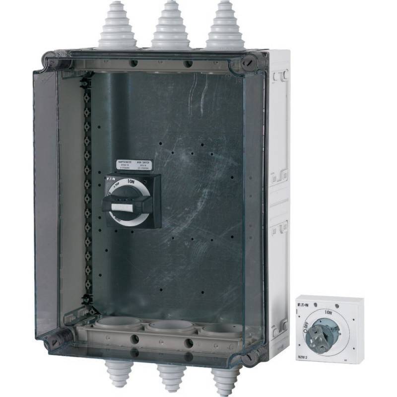 Ein metallisches elektrisches Schaltpanel mit einem Drehschalter, der mit '0' und '1' beschriftet ist. Ein separates Nahaufnahmebild zeigt die Schaltereinstellungen deutlicher.