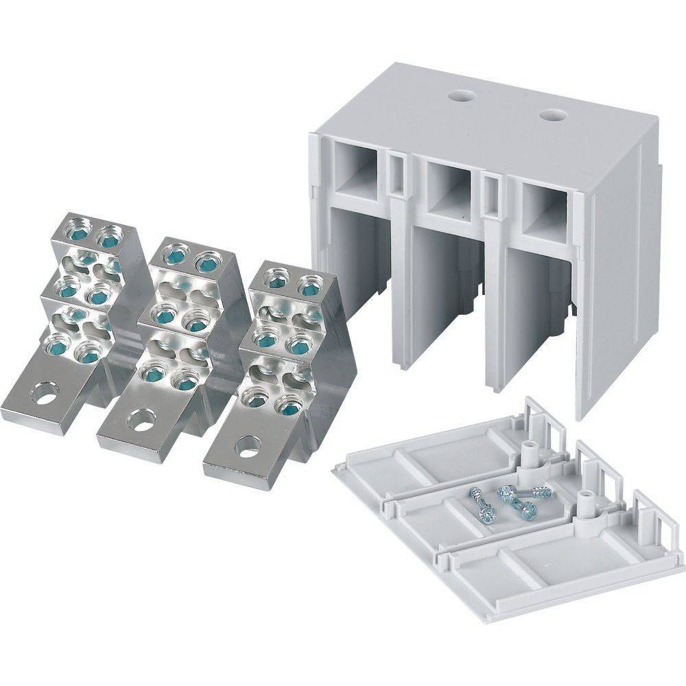 Das Bild zeigt einen modularen Reihenklemmenblock mit drei Metallverbindern und einem abnehmbaren Deckel, der für elektrische Verdrahtung und Verbindungen verwendet wird.