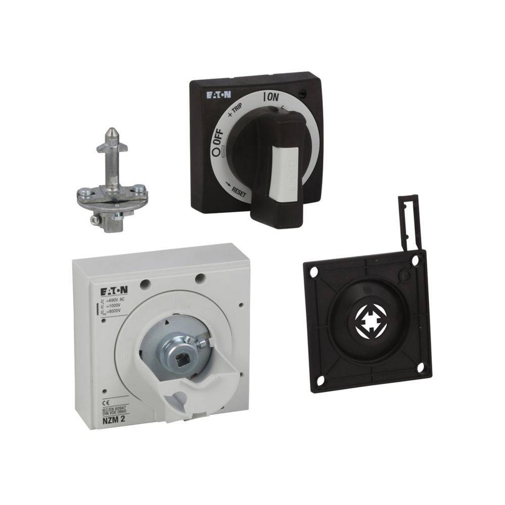 Eaton NZM2 Lasttrennschalter mit Komponenten, ausgestattet mit einem Drehwahlschalter für Ein/Aus, Befestigungsmaterial und Abdeckung.