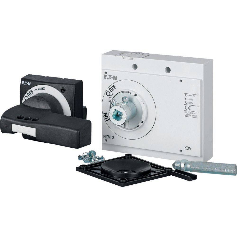 Elektrischer Schalterelement mit 'Aus'- und 'Zurücksetzen'-Positionen, ausgestattet mit einem kreisförmigen Steuerungsmechanismus. Angrenzende Hardware umfasst Schrauben und Montageplatten.