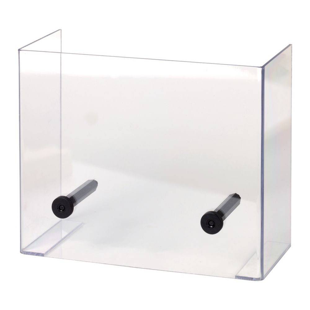 Ein transparenter Acryl-Prospekthalter mit zwei runden Befestigungslöchern auf der Rückseite, der zum Wandmontieren entwickelt wurde, um Druckmaterialien zu präsentieren und zu organisieren.