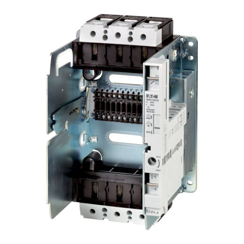 Eine offene elektrische Schaltanlage mit mehreren Leistungsschaltern und Verdrahtungsverbindungen, die die internen Komponenten und das Design offenlegt.