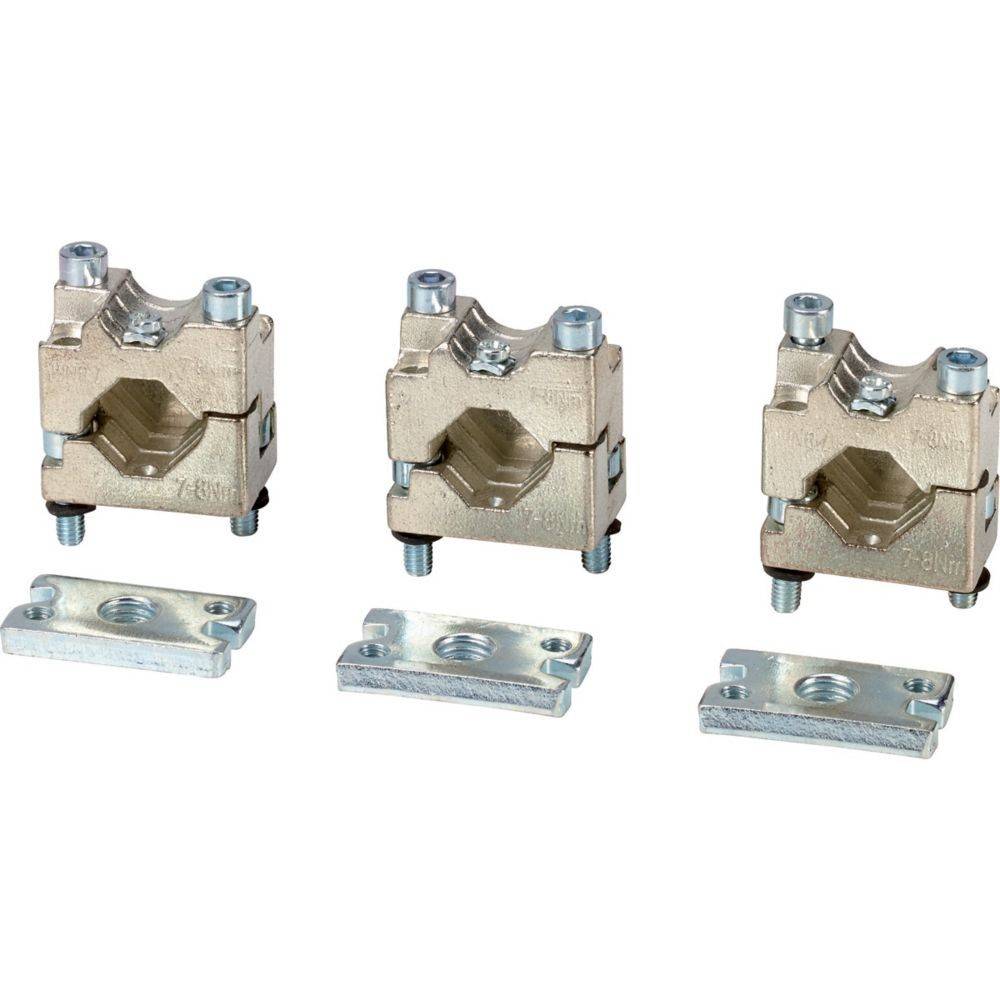 Drei metallische elektrische Anschlüsse, jeweils mit zwei Schrauben oben und dazugehörigen kleinen flachen Metallplatten unten, nebeneinander angeordnet.