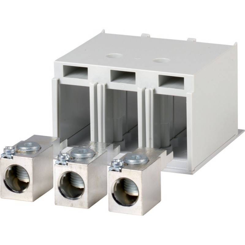 Ein weißer, dreipoliger Elektro-Klemmblock mit drei silbernen Anschlusspunkten, geeignet für Hochlast-Verkabelungsanwendungen.
