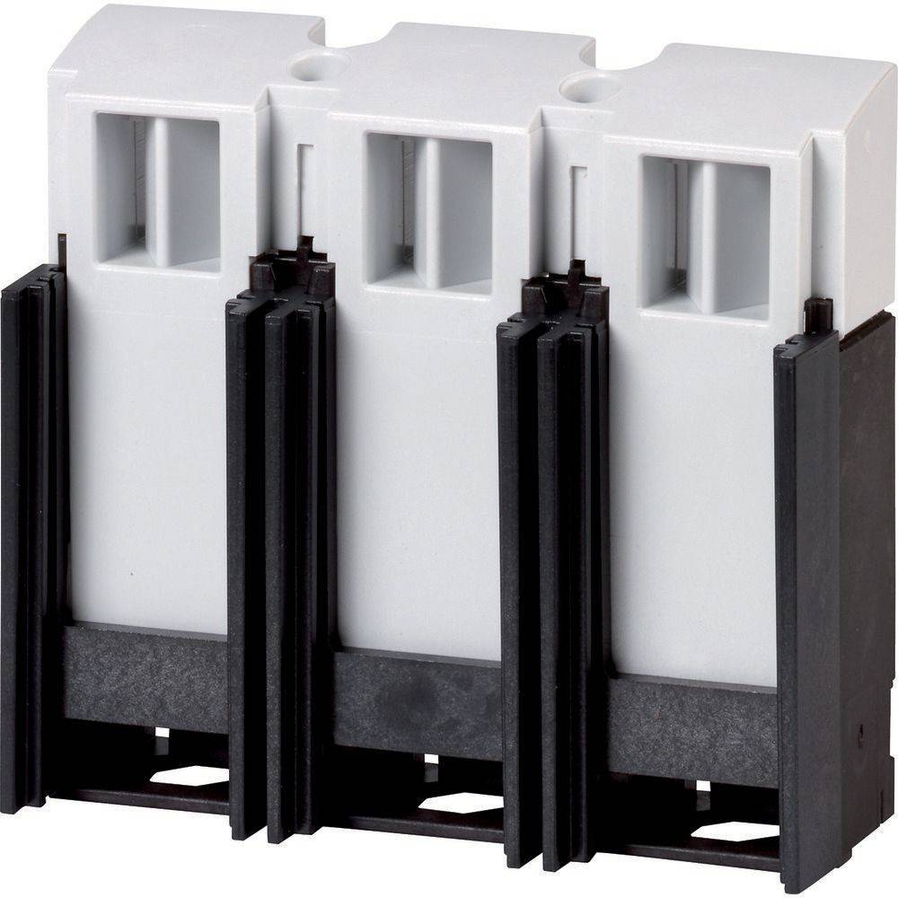 Dreipoliger elektrischer Block mit weißem Oberteil und schwarzer Basis, verwendet in elektrischen Schaltkreisen zum Verbinden von Leitungen.