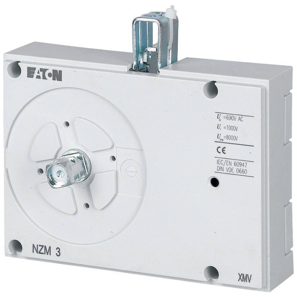 Eaton NZM 3 Lasttrennschalter, Frontansicht, weiße Gehäuse, beschriftet mit elektrischen Spezifikationen: 690V AC, 1000V, 8000V.