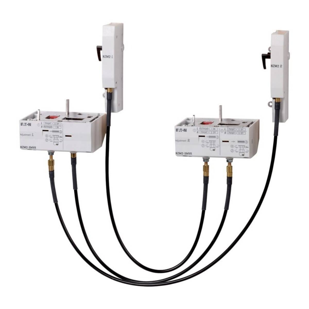 Zwei weiße elektrische Geräte, die durch schwarze Kabel miteinander verbunden sind, mit den Bezeichnungen 'KNH 2' und 'ICE-2H' auf jedem Gerät. Sie scheinen industrielle Ausrüstung zu sein.