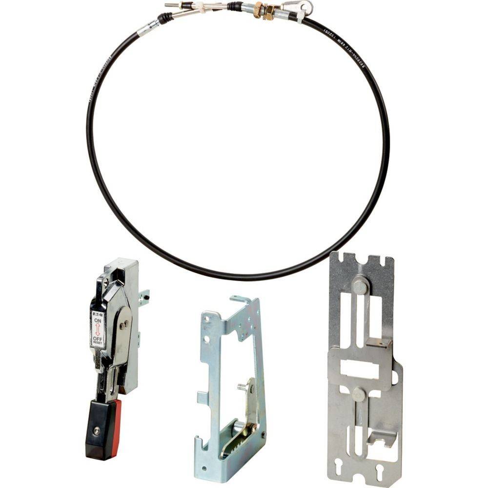Ein Satz mechanischer Komponenten, bestehend aus einem flexiblen schwarzen Kabel mit Anschlüssen und drei Arten von Metallhalterungen oder Befestigungen.