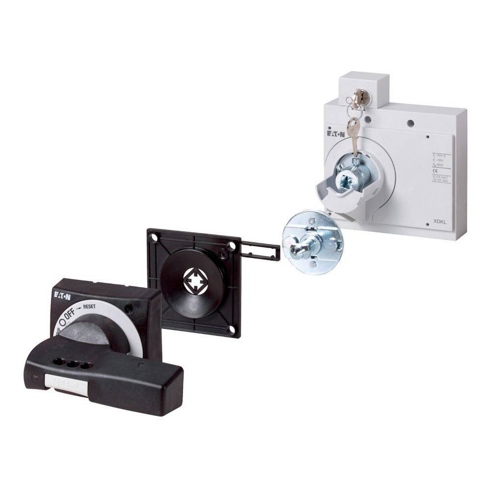 Eaton-Drehschalter und -Komponenten mit Verriegelungsmechanismus und Installationsaufbau für elektrische Anwendungen.