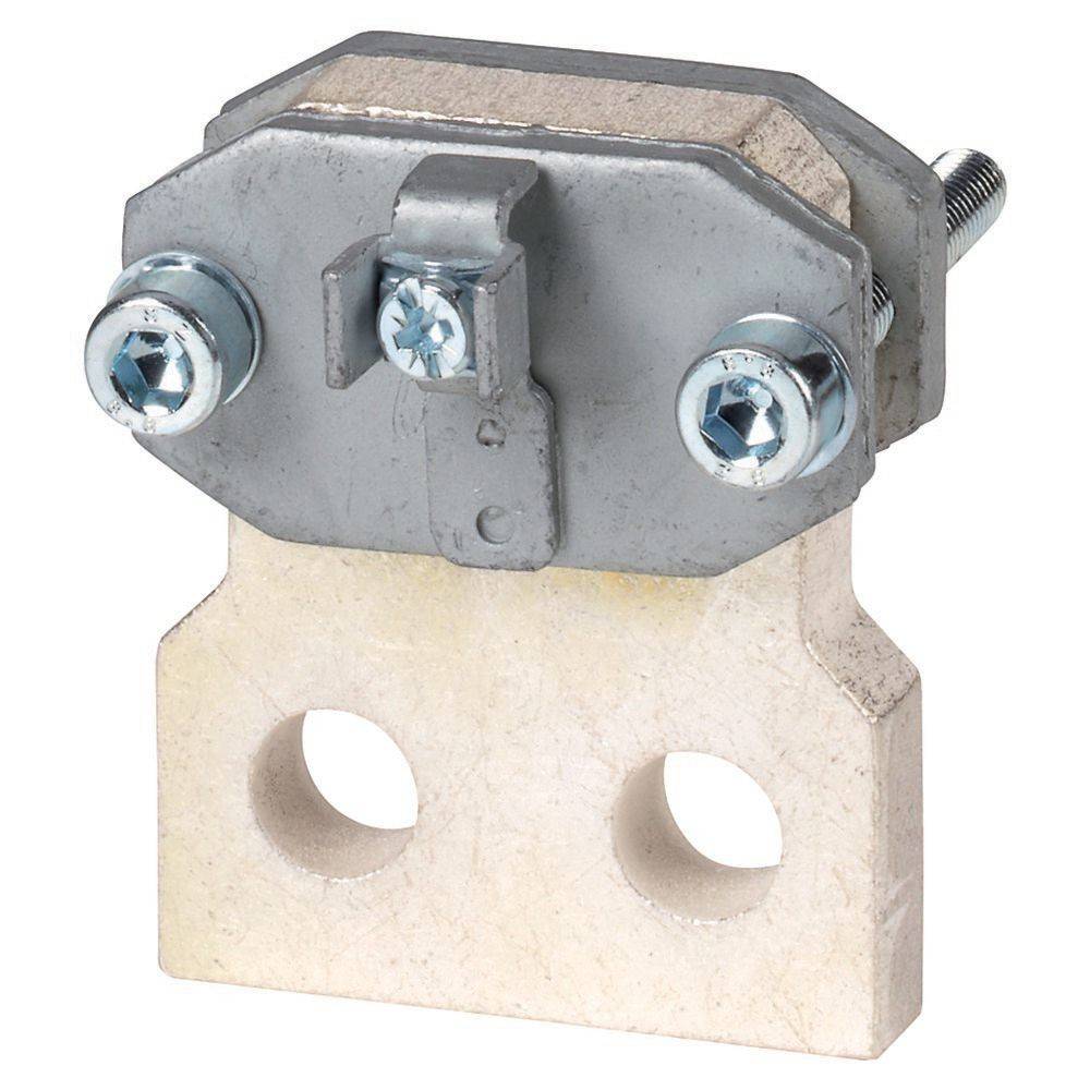Eine Metall-Erdungsklemme mit zwei Schraubbefestigungen und einer beigen Basis, die zum Sichern und Leiten elektrischer Verbindungen konzipiert ist.