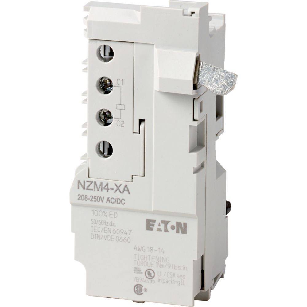 Ein weißer Leistungsschalter mit den Beschriftungen 'Eaton' und 'NZM4-XA', ausgestattet mit drei Anschlussklemmen und einem Kippschalter, ausgelegt für 208-250V AC/DC.
