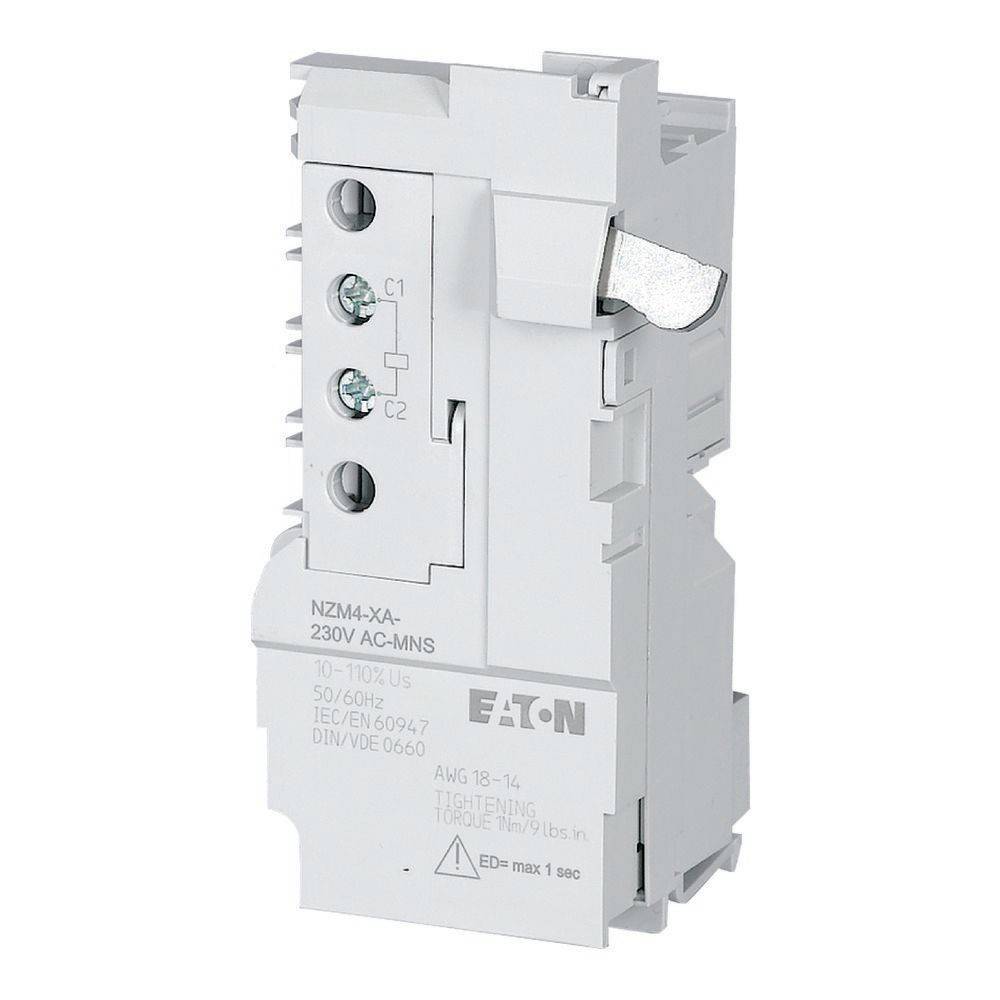 Weißes elektrisches Bauteil mit Beschriftung: 'Eaton', 'NZM4-XA-230V AC-MNS'. Ausgestattet mit Kippschalter und Bezeichnungen 'C1', 'C2'.