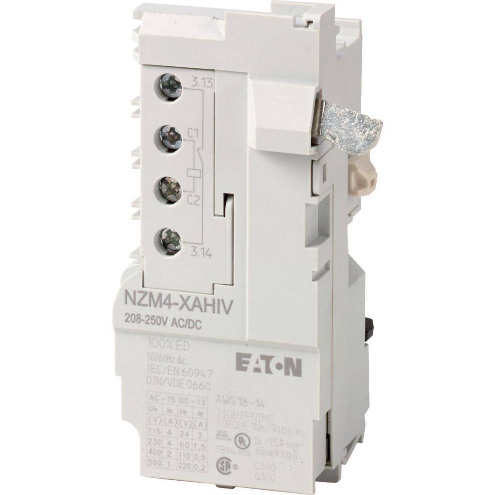 Eaton' Leistungsschalter mit den Beschriftungen 'NZM4-XAHIV', '208-250V AC/DC', mit Anschluss-Layout auf der Frontplatte.