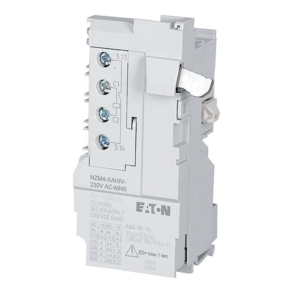 EATON NZM4-XAHIV 230V AC-MNS Hilfsschalterblock mit drei Anschlussklemmen, beschriftet mit 1-2, 3-4, 5-6, und Spezifikationen auf der Vorderseite gedruckt.