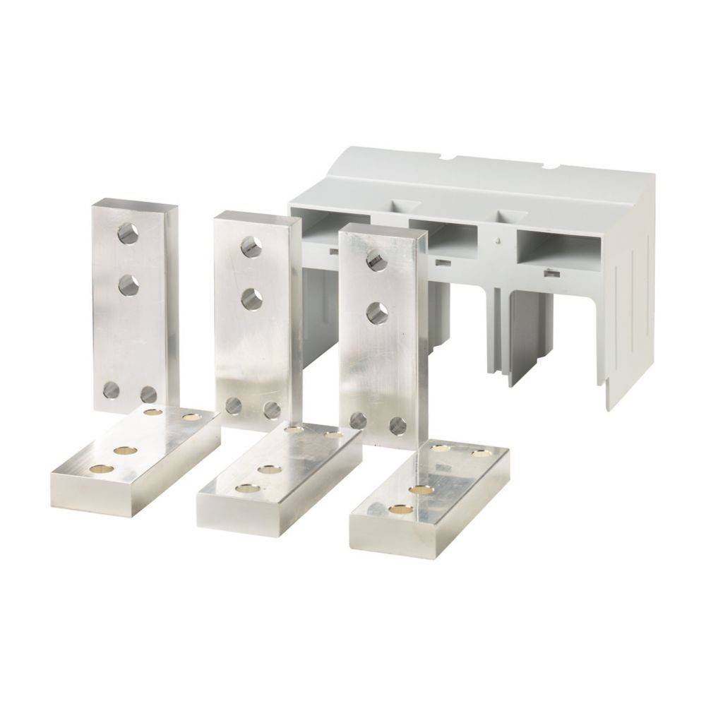 Metallkomponenten und ein weißes Kunststoffgehäuse für die Verbindung eines elektrischen Sammelschienenssystems, das mehrere Löcher zur Montage und Stabilisierung aufweist.