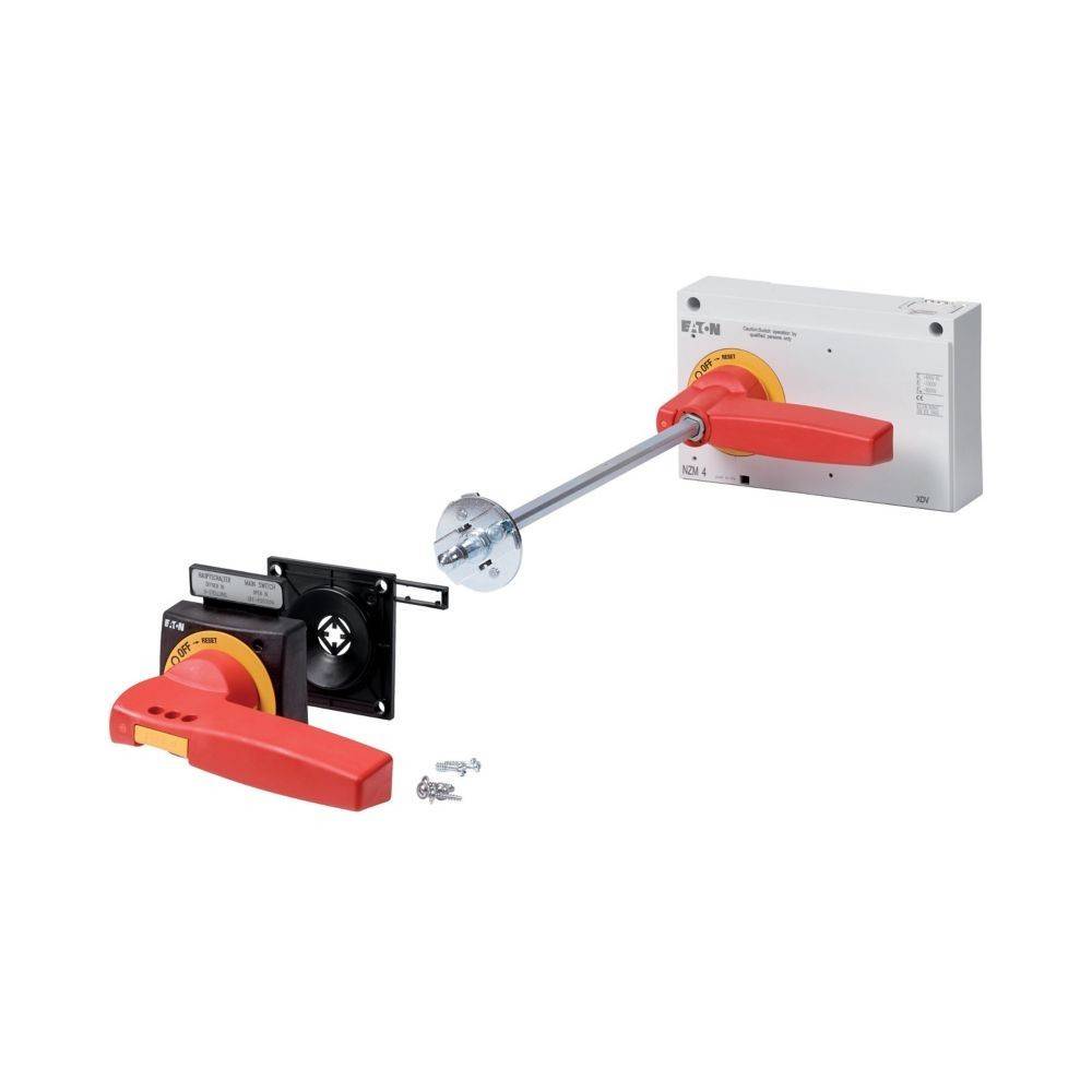 Eaton-Schaltmechanismus-Baugruppe mit roten Griffen, Welle und Befestigungskomponenten. Verwendet für die Betätigung von elektrischen Schaltanlagen.