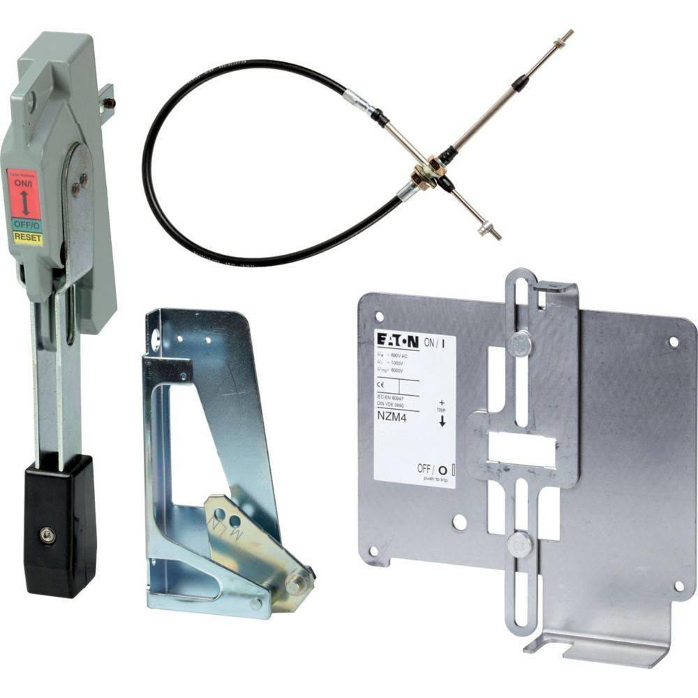 Eaton NZM Griffstück, ein flexibles Kabel, Montagebügel und Metallplatte mit Schlitzen, verwendet für Elektro-Leistungsschalter-Installationen.
