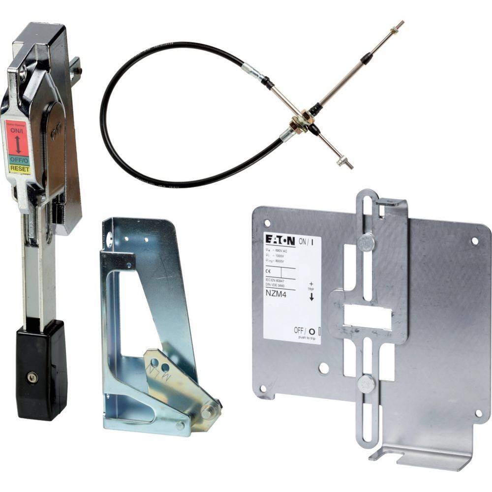 Eine Trennschalter-Handhabungseinheit besteht aus einem Griff, einer metallischen Montageklammer, einem flexiblen Kabel und einer Rückplatte mit der Markenetikette 'Eaton'.