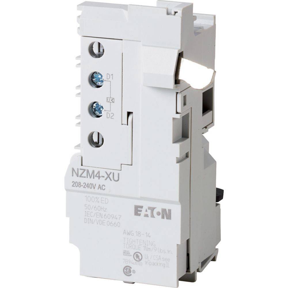 Ein Eaton-Leistungsschalter mit der Bezeichnung NZM4-XU, ausgelegt für 208-240V AC, mit sichtbaren elektrischen Komponenten, konstruiert für elektrische Sicherheit.