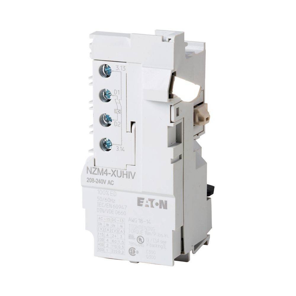 Ein weißes Eaton elektrisches Hilfsschaltermodul mit vier Schrauben und Modellnummer 'NZM4-XUHI V'. Geeignet für 208-240V AC-Systeme.