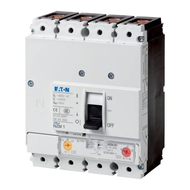 Leitungsschutzschalter mit Schalter, beschriftet mit Aus und Ein, ausgelegt für 690V AC, 1250V DC. Markenname sichtbar.