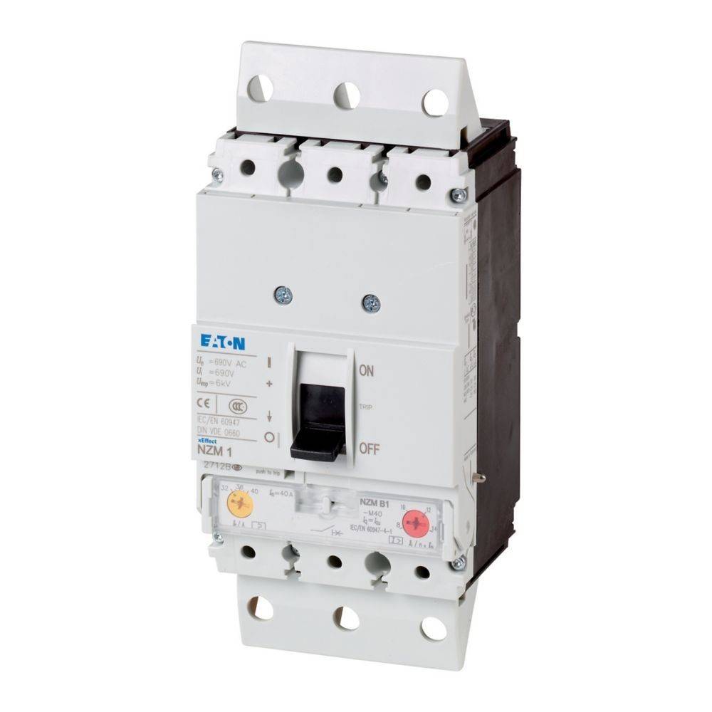 Eaton NZM1 Leistungsschalter, der in Ausschaltposition gezeigt wird, entwickelt zum Schutz elektrischer Stromkreise mit Ein-/Ausschalter und Befestigungshalterungen.