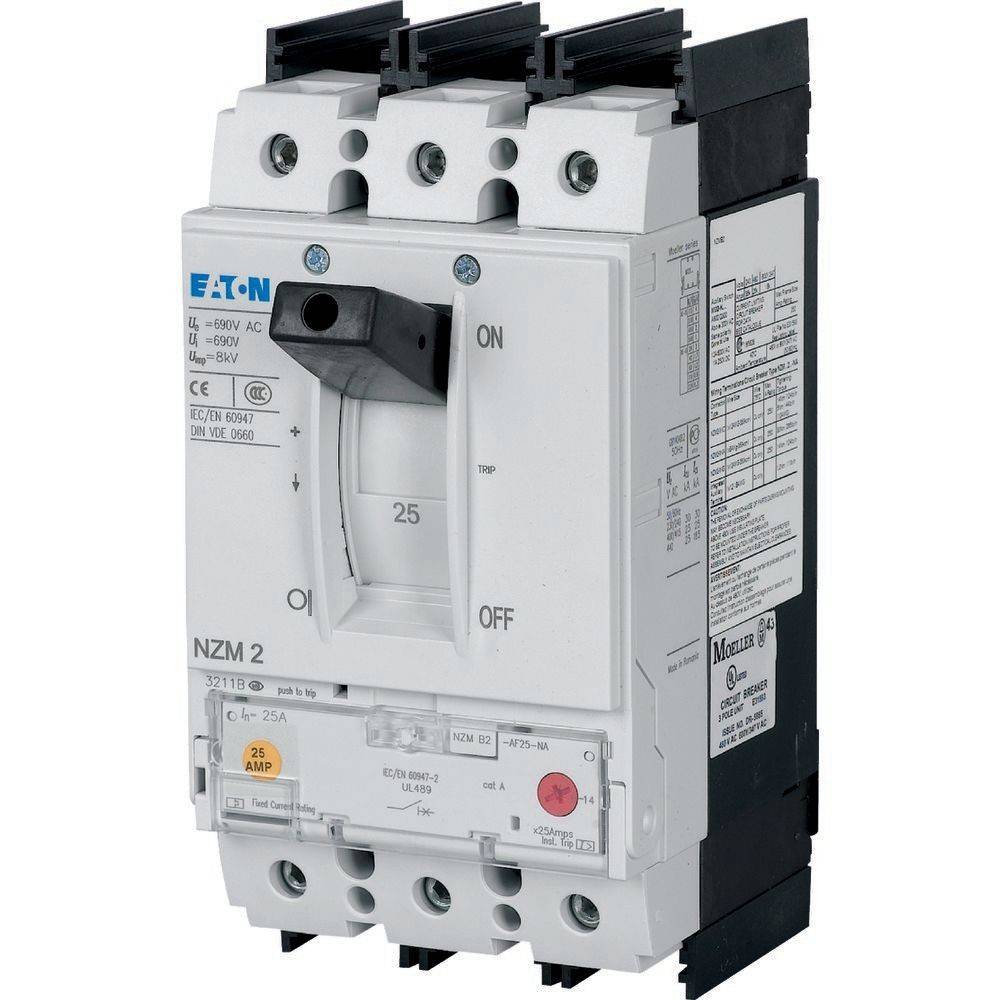 NZM 2' Leistungsschalter mit Schalter, beschriftet mit 'EIN' und 'AUS'. Ausgelegt für 690V AC, 150 Ampere. Mit Markierung und verschiedenen technischen Spezifikationen.