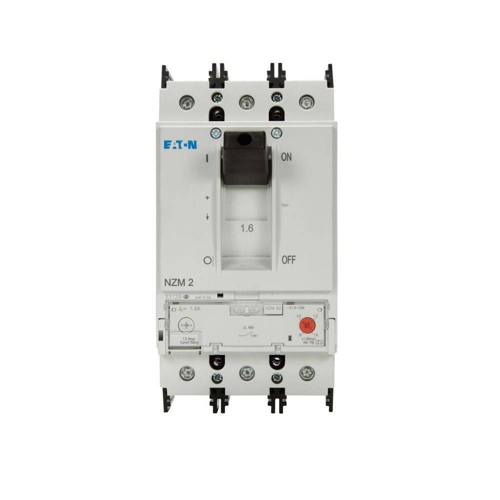 Ein Leistungsschalter mit der Bezeichnung 'Eaton NZM 2' mit einem 'EIN/AUS'-Schalter und Einstellrad für die Stromstärkeneinstellung, verwendet zur elektrischen Stromkreisabsicherung.