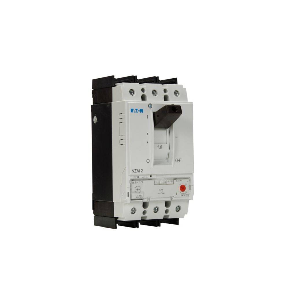 Ein weißer und schwarzer elektrischer Leistungsschalter von Eaton, beschriftet mit 'NZM 2'. Der Schalter verfügt über einen Einstellungsdrehregler und eine 'AUS'-Beschriftung.