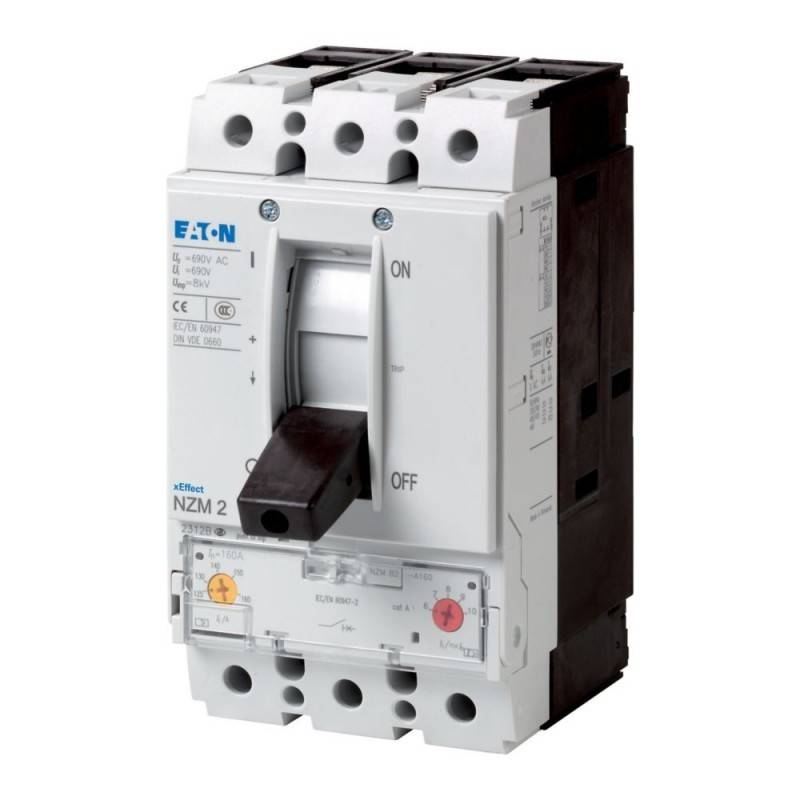 Leistungsschalter mit 'EIN/AUS'-Schalter, Modell NZM 2 von Eaton, ausgelegt für 400V AC, verwendet für elektrische Sicherheit, mit Beschriftungen und Markierungen.