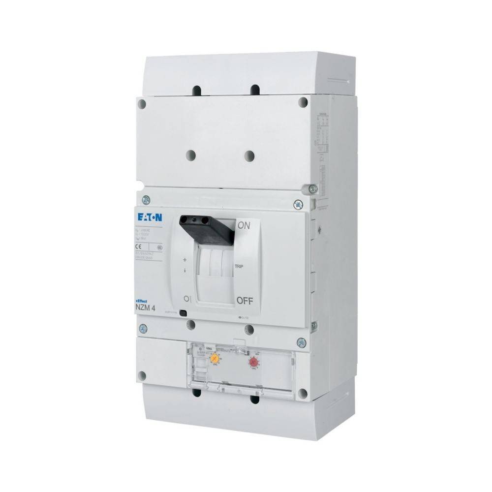 Eaton Leistungsschalter NZM4 Modell, weiß, mit Ein-/Aus-Schalter. Verwendet für elektrische Sicherheit in industriellen Umgebungen.