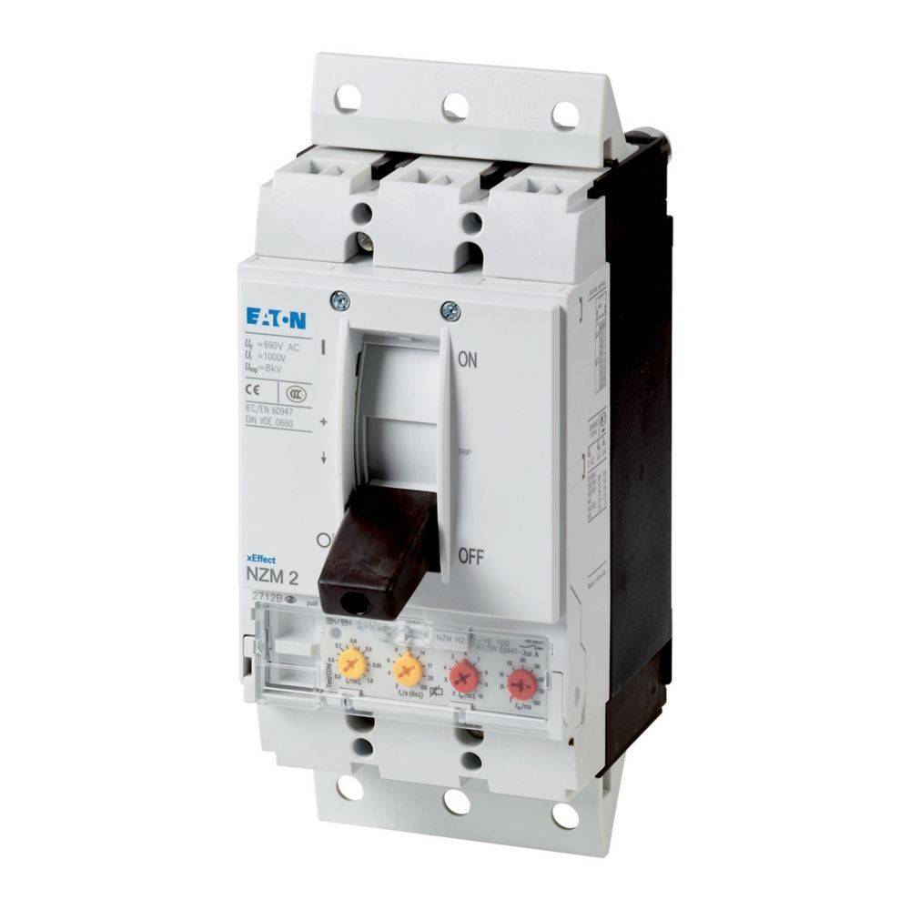 Eaton NZM 2 Leistungsschalter, mit ON- und OFF-Beschriftung, ausgestattet mit Schaltern und Drehreglern zur elektrischen Steuerung. Weiße Gehäuse, an der Wand montiert.