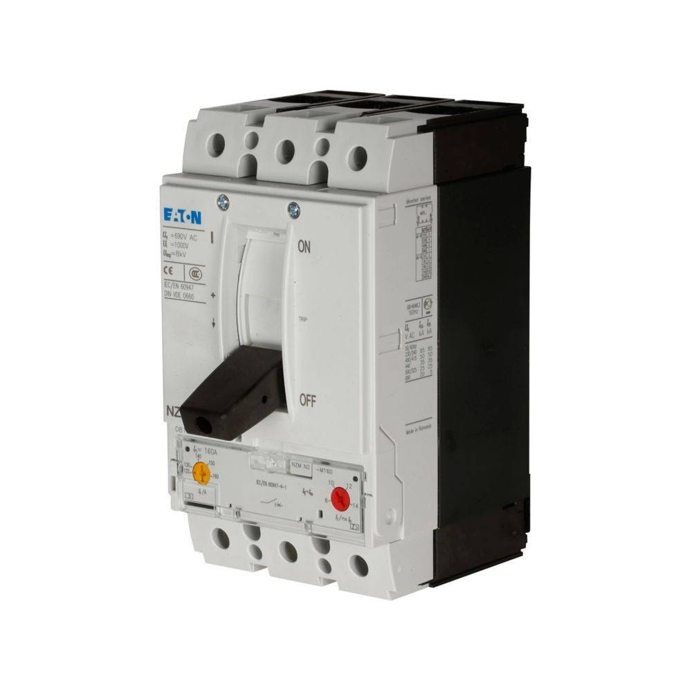 Ein dreipoliger Eaton-Leistungsschalter mit Ein-/Aus-Schalter, Modelldetails und Sicherheitszertifizierungen auf seiner Oberfläche, verwendet zur elektrischen Sicherheitskontrolle.