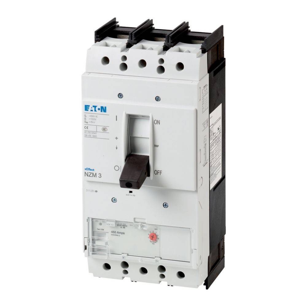 Ein Leistungsschalter mit Schalter, gekennzeichnet als 'Eaton nzm3', mit einer Kapazität von 400 Ampere, verwendet zur Steuerung des elektrischen Stroms.