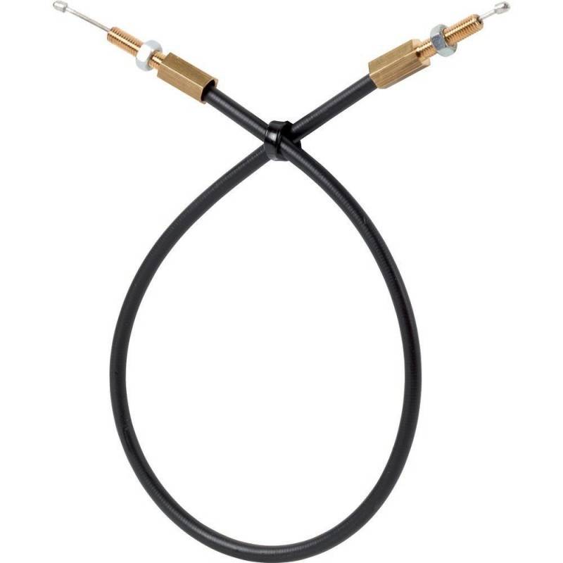 Ein schwarzes flexibles Kabel mit Messinganschlüssen an jedem Ende, das eine Schleife bildet. Das Kabel wird für mechanische Anwendungen verwendet.