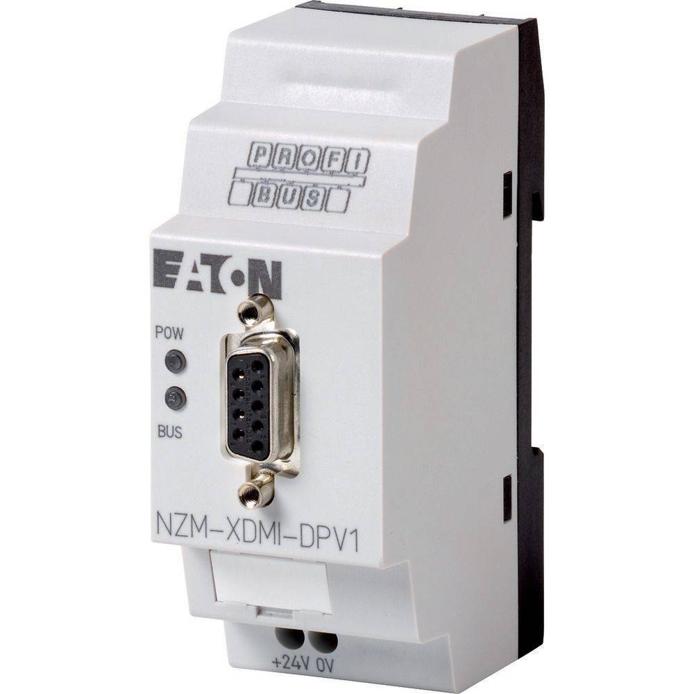 Eaton Profibus NZM-XDMI-DPV1 Modul mit einem DB9-Anschluss wird in weißem Gehäuse dargestellt. Wird für Konnektivität in industriellen Umgebungen verwendet.