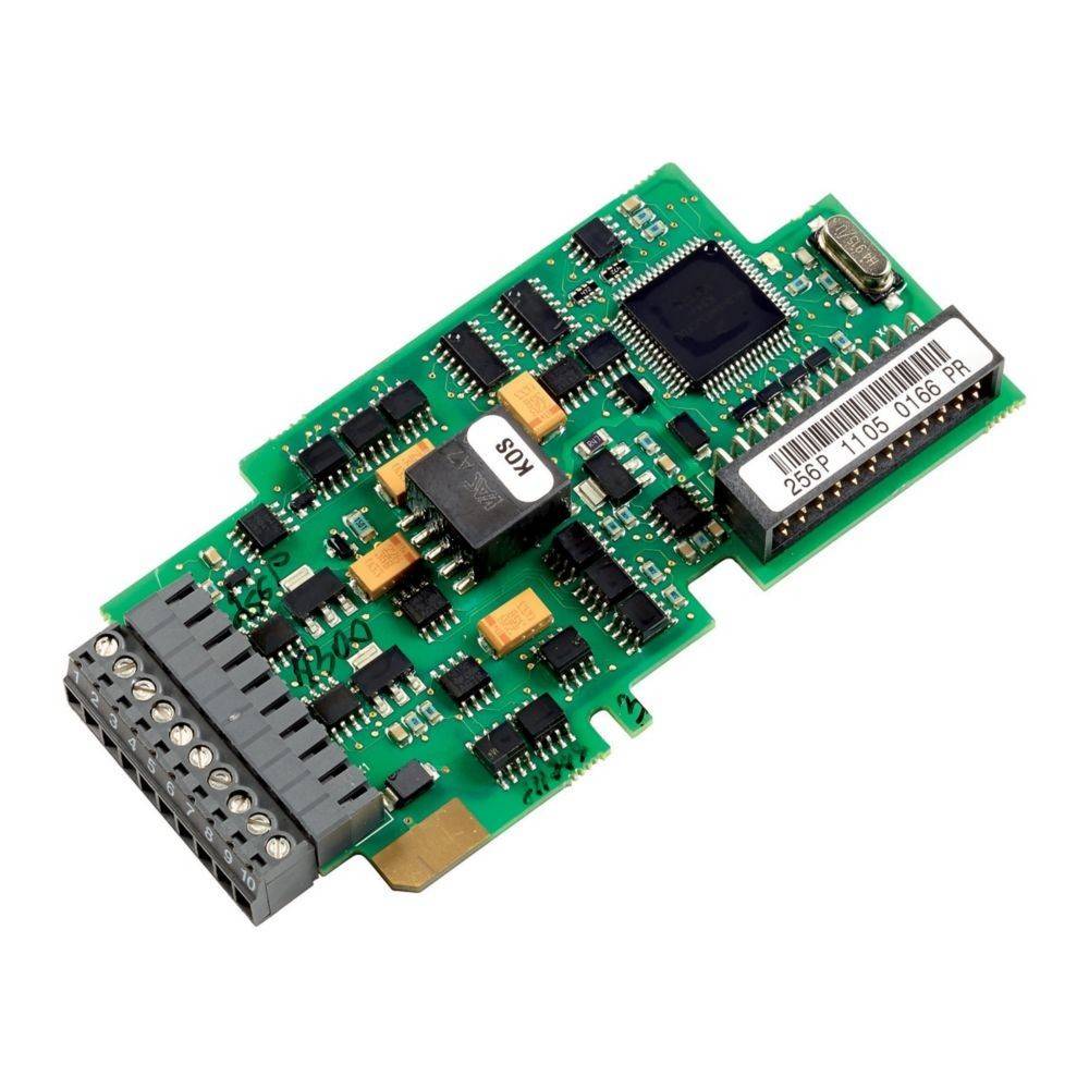 Eine grüne elektronische Leiterplatte mit verschiedenen Chips, Widerständen und Anschlüssen.