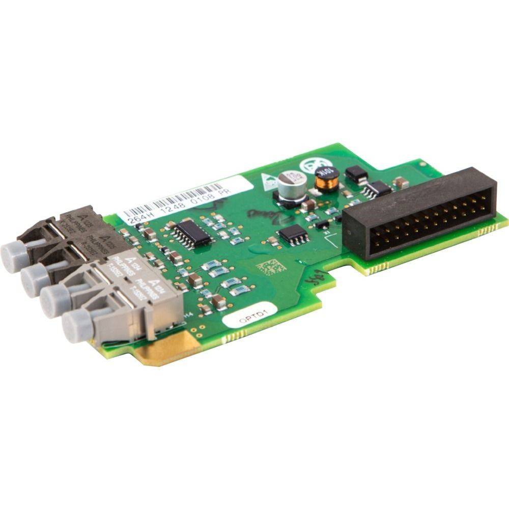 Eine grüne Leiterplatte mit verschiedenen elektronischen Komponenten, Anschlüssen und einem Verbinder, die für Computer-Hardware oder Netzwerktechnik verwendet wird.