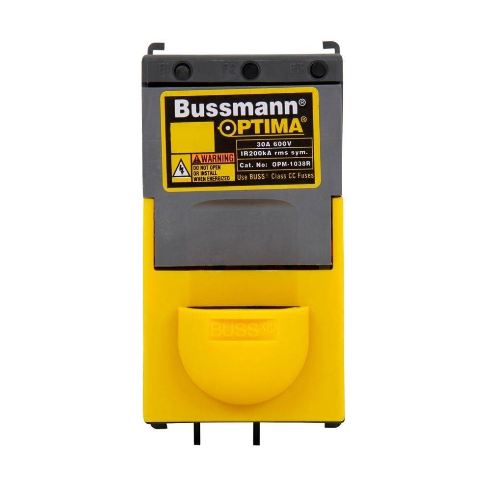 Ein Bussmann OPTIMA Sicherungshalter, 30A, 600V Kapazität, mit einem Warnhinweis, der auf Hochspannungsrisiken hinweist, konstruiert für elektrische Sicherheit.