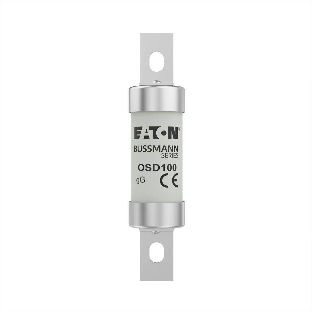 Dieses Bild zeigt eine zylindrische Eaton Bussmann-Sicherung, Modell OSD100, mit 'gG'-Kennzeichnung und CE-Zertifizierung, die für elektrische Schaltkreise verwendet wird.
