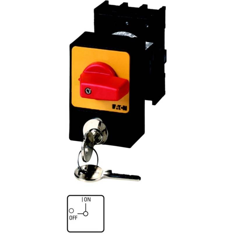Schaltervorrichtung mit einem roten Hebel und Schlüsselschloss-Funktion, die Beschriftungen für Ein- und Aus-Positionen zeigt. Entwickelt für sichere Stromsteuerung.