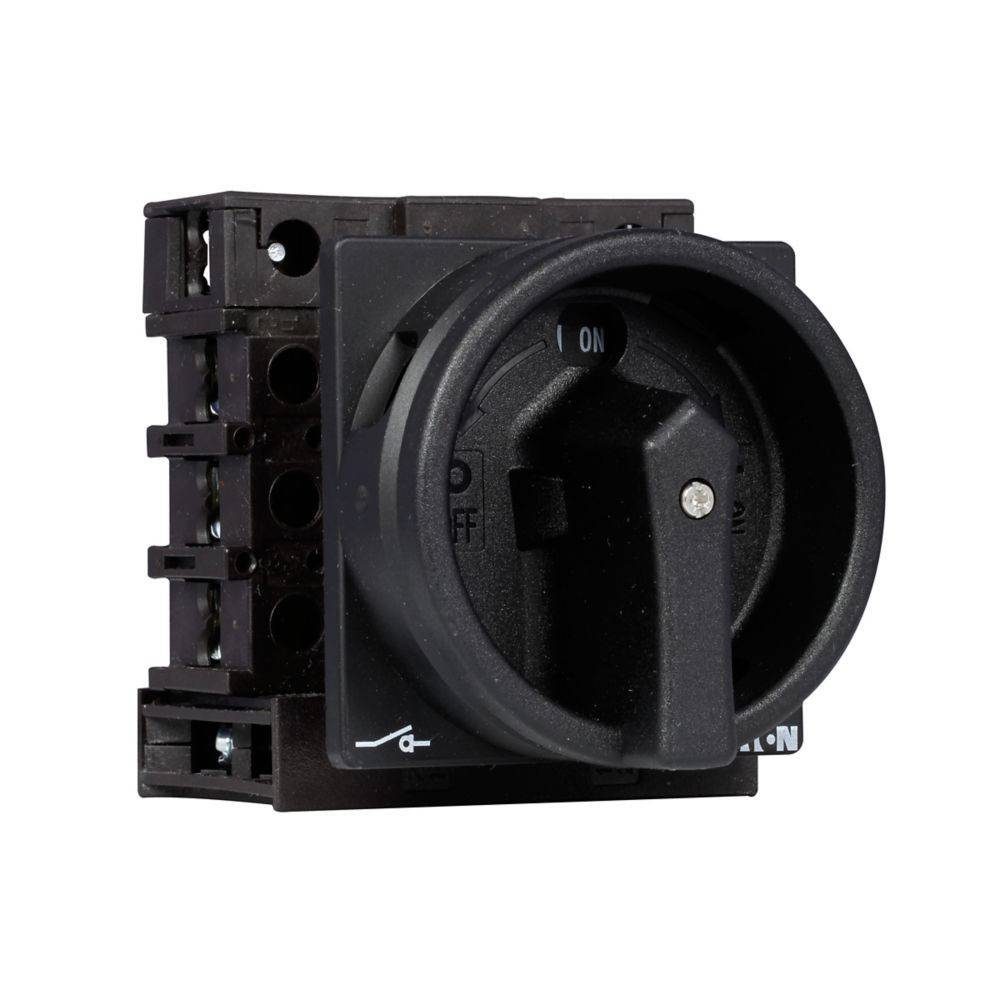 Ein schwarzer Drehschalter mit 'EIN' und 'AUS' Positionen, verwendet zur Steuerung elektrischer Schaltkreise. Der Schalter befindet sich in der 'AUS' Position.